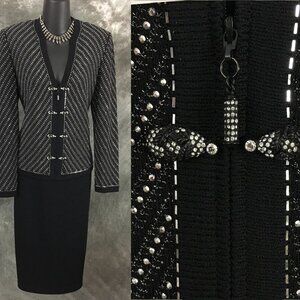 BEAUTIFUL St John evening knit black rhinestones embellished skirt suit 6